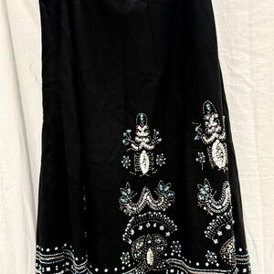 NWOT Basil & Maude Handmade Beaded Linen Midi Skirt Southwestern Cowgirl Anthro